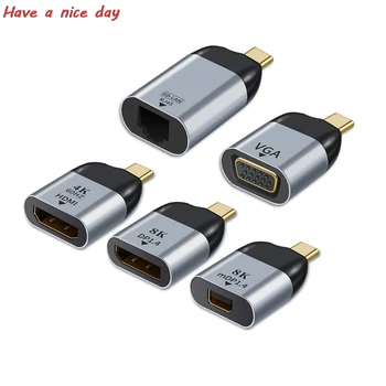 UHD 8K Tipas-C-Hdmi/VGA/DP/RJ45/Mini DP Video Converter 4K 60Hz USB C Adapteris