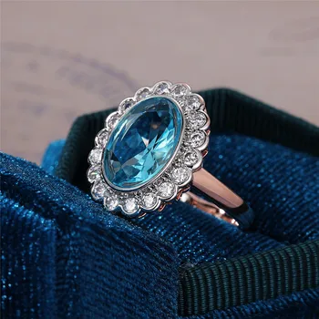WUKALO 925 Sidabro Kubinis Cirkonis Moterų Vestuves Piršto Žiedai, Dangus Mėlynas Akmuo Saulėgrąžų Dizainas Moters Pareiškimas, Žiedai