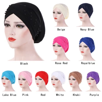 1PC Naujas Moterų Elastinga Turbaną Skrybėlę Musulmonišką Hidžabą Islamo Karoliukai Vėžio Chemo Bžūp Ponios Hijab Ruožas Galvą Apvyniokite Galvą Skara Plaukų Slinkimas