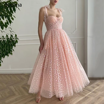 Booma Blush Pink Širdingas Vakaro Suknelės 2021 Spagečiai Dirželiai Midi Prom Dresses su Kišenėmis Arbata-Ilgis Vestuvės Suknelės
