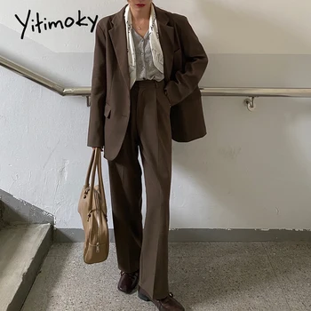 Yitimoky 2 Dalių Rinkinys Moterims Mados Derliaus Švarkas Kelnės Elegantiškas Kostiumas Ilgomis Rankovėmis Krūtinėmis Laisvas Darbo Striukė Pavasario 2021 Korėjos